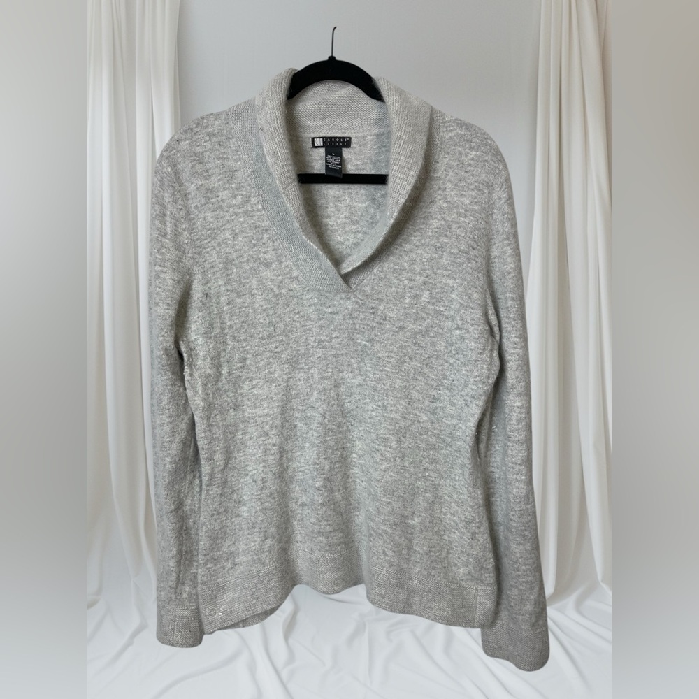 Carole Little Heather Gray Rabbit Hair Wool Blend Fuzzy shawl Collar Sweater L